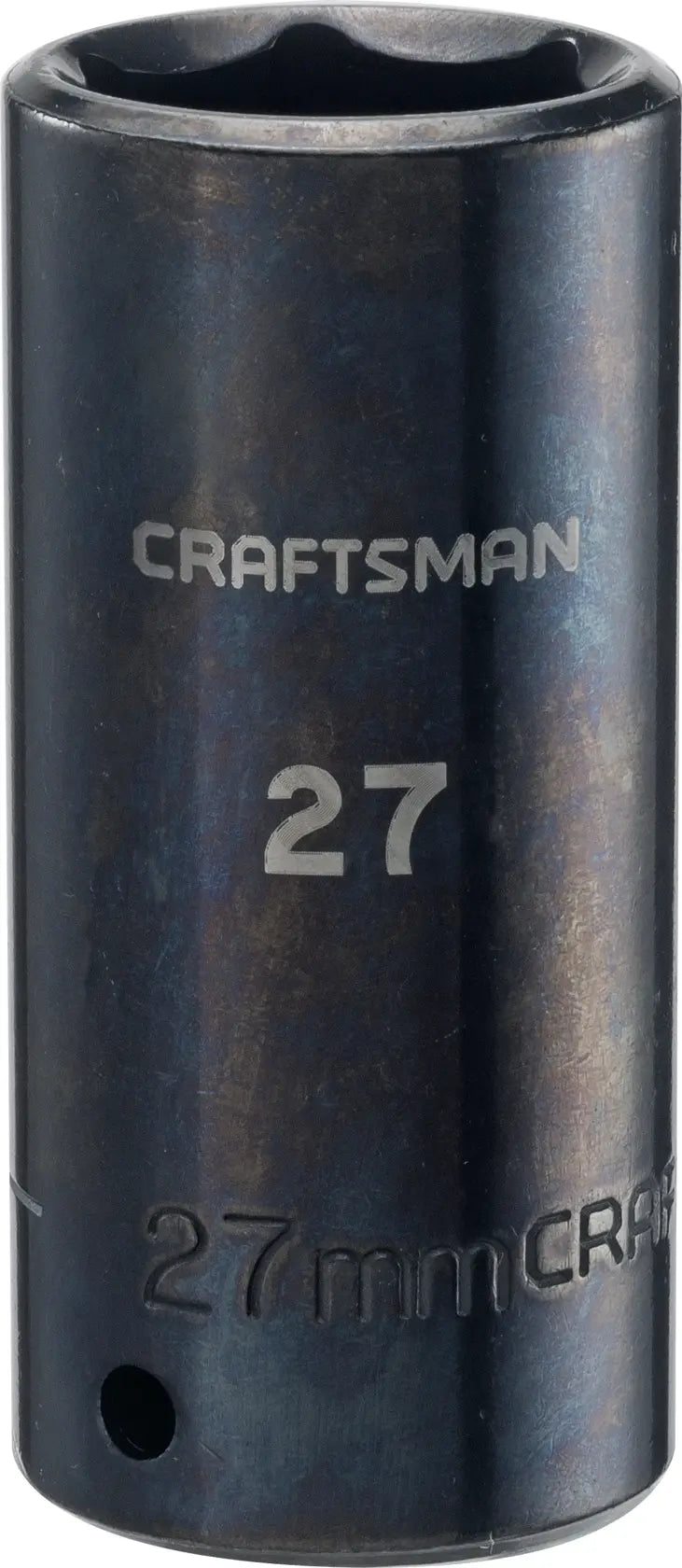 Photo of Craftsman 27mm deep socket, SKU CMMT16087, black metal, upright view on white background.