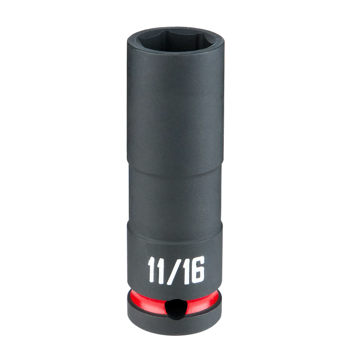 A black 11/16 inch deep impact socket with a red ring near the base, shown upright on a white background.