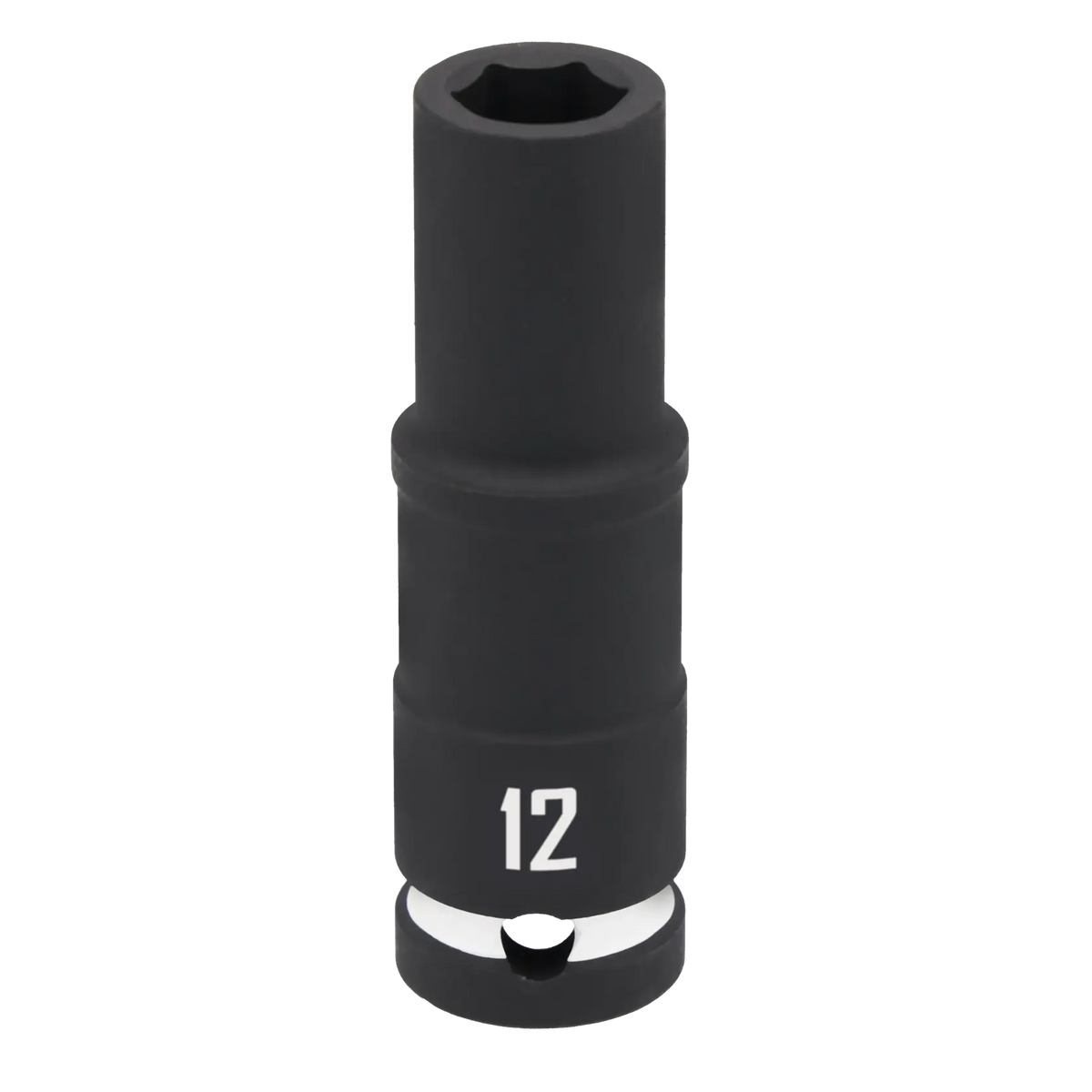 A black Craftsman deep impact socket with the number 12 printed on its side, used for turning nuts and bolts.