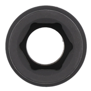 Close-up view of a black, hexagonal socket from above, showing the internal shape and circular outer edge.