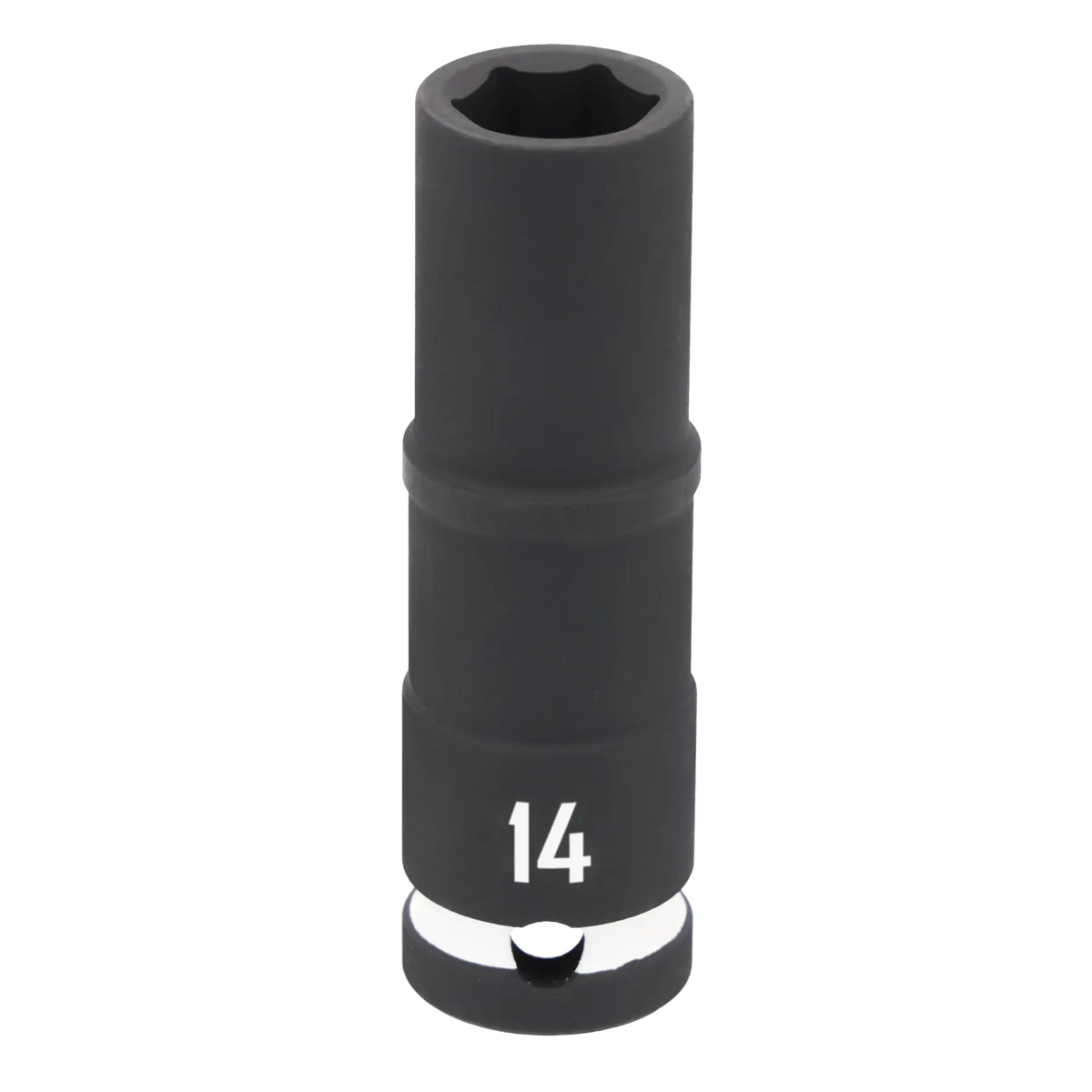 A close-up view of a black 14mm deep socket tool, used for securing nuts and bolts, with the number '14' printed in white near the base.