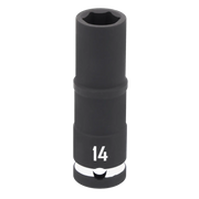 A close-up view of a black 14mm deep socket tool, used for securing nuts and bolts, with the number '14' printed in white near the base.
