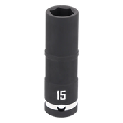 A black deep socket tool with the number 15 printed in white near the base. The tool is cylindrical and designed for use with a ratchet or socket wrench.