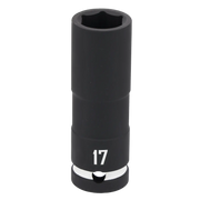 A black CRAFTSMAN socket with a six-point design and the number 17 printed on it, used as a tool attachment for turning fasteners.