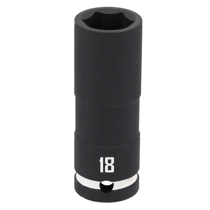 A black, cylindrical deep socket tool with the number 18 printed on it, designed for use with a socket wrench.