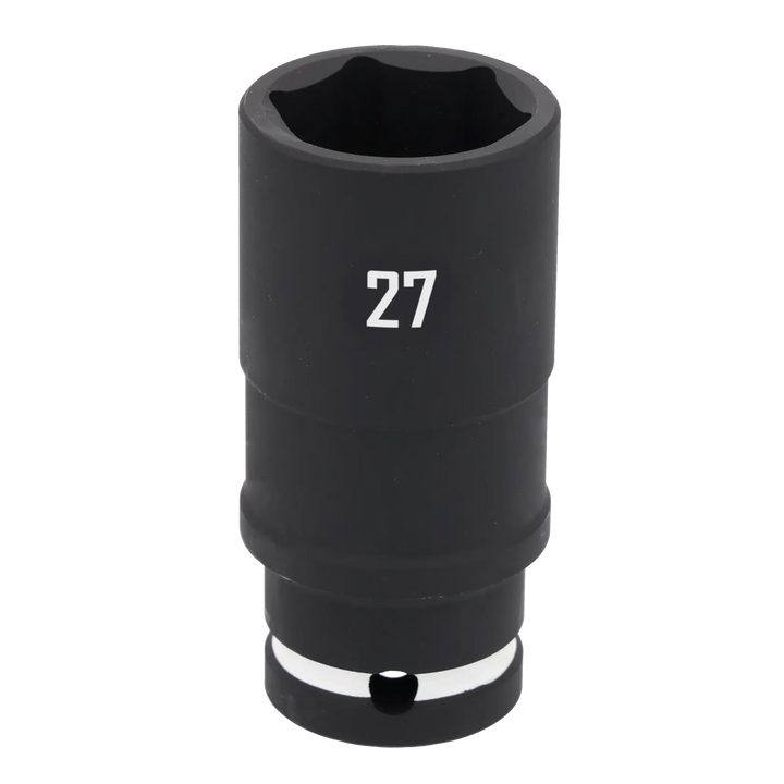 A close-up image of a black CRAFTSMAN deep socket with the number 27 printed on it, used for fastening or loosening bolts and nuts.