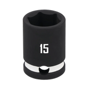 A close-up image of a black 15 millimeter socket, used for tightening or loosening bolts, with the number 15 printed in white on the side.