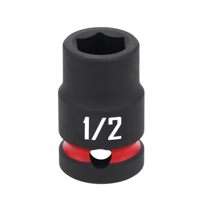 A close-up image of a black CRAFTSMAN socket tool, labeled with '1/2' in white text and featuring a red ring near the base.