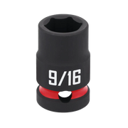 A close-up image of a black CRAFTSMAN 9/16 inch socket with a red ring near the base, used for tightening or loosening nuts and bolts.