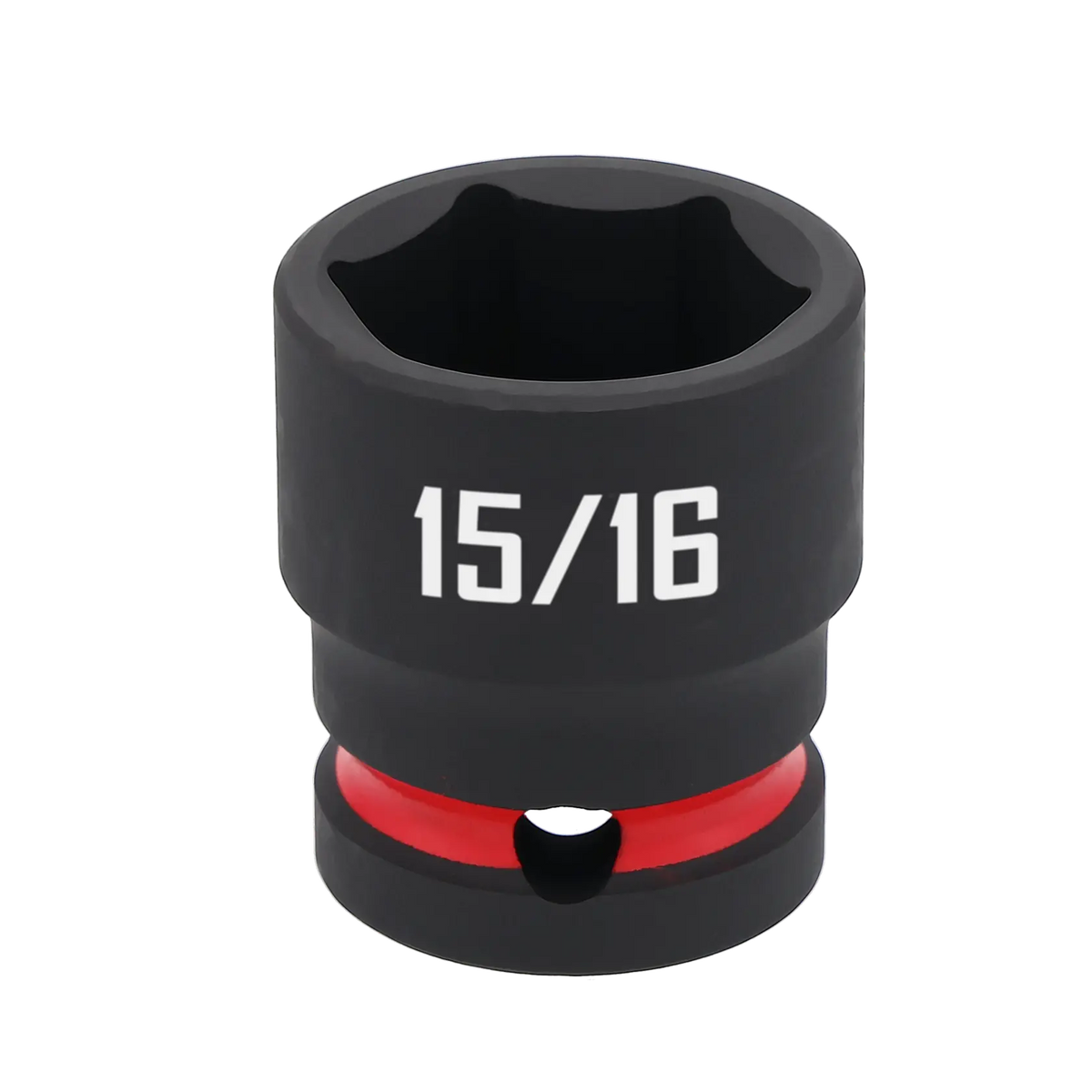 A close-up image of a CRAFTSMAN 15/16-inch black socket tool with a red ring near the base, used for fastening nuts and bolts.