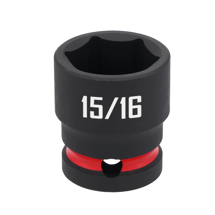 A close-up image of a CRAFTSMAN 15/16-inch black socket tool with a red ring near the base, used for fastening nuts and bolts.