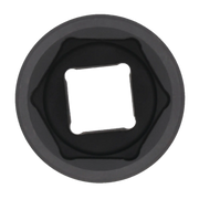 Close-up image of a black round socket tool with a square drive opening in the center, viewed from above.