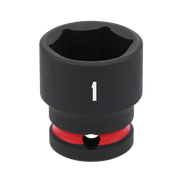 A close-up of a black Craftsman impact socket with a red ring and the number '1' printed on its side.