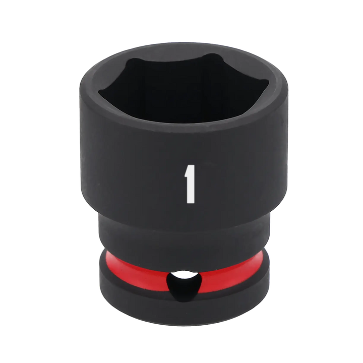A close-up of a black Craftsman impact socket with a red ring and the number '1' printed on its side.