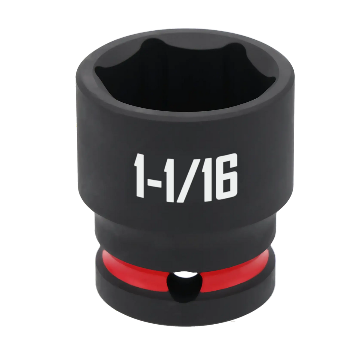 A black Craftsman socket with a red ring and '1-1/16' marking on the side, used for turning nuts or bolts of a specific size.