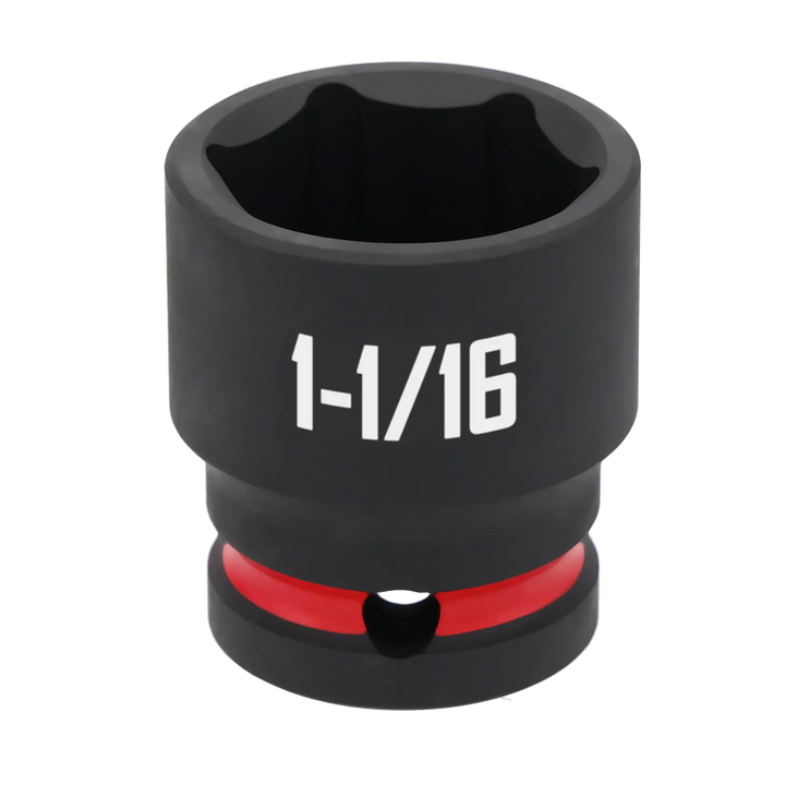 A black Craftsman socket with a red ring and '1-1/16' marking on the side, used for turning nuts or bolts of a specific size.