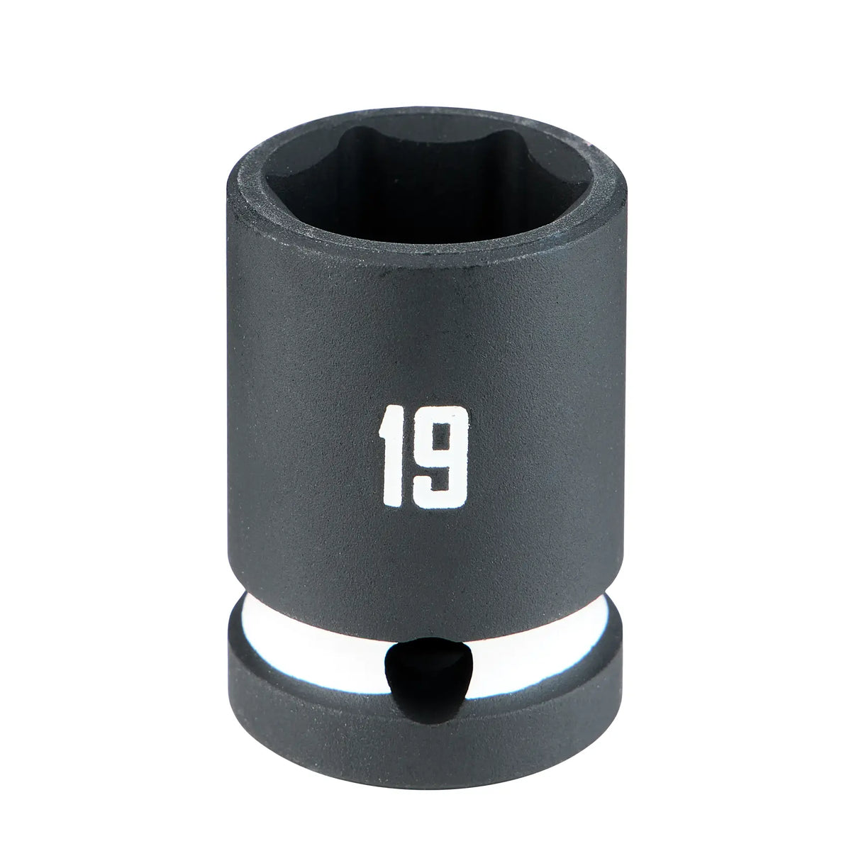 A close-up image of a black socket wrench attachment with the number 19 printed on it.