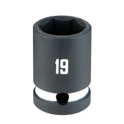A close-up image of a black socket wrench attachment with the number 19 printed on it.