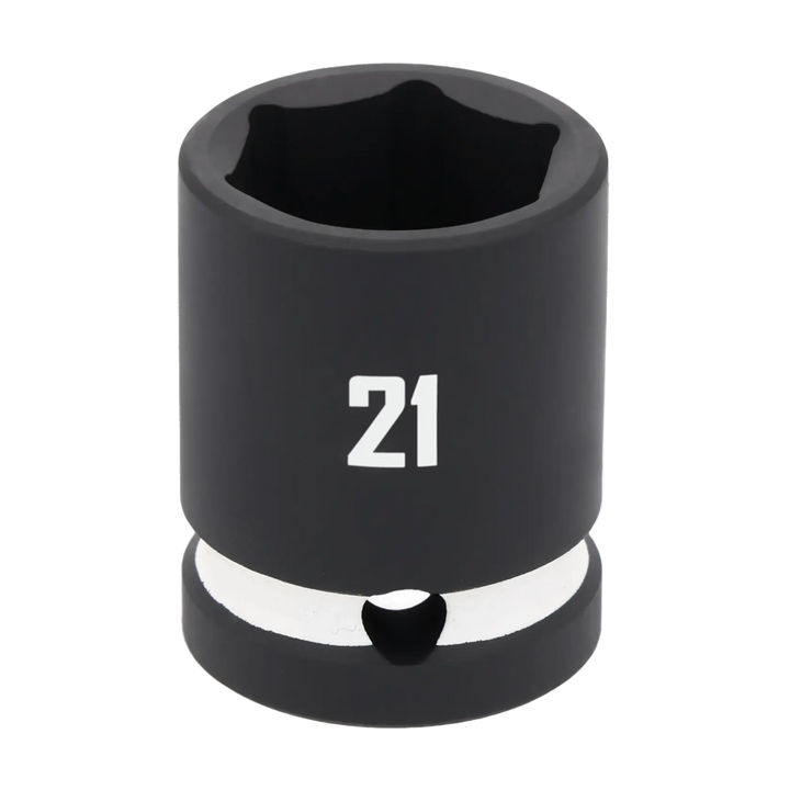 A close-up image of a black, six-point socket tool with the number 21 printed in white on its side, commonly used with socket wrenches for mechanical work.