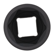 Close-up view of a black socket tool, showing the square drive opening in the center.