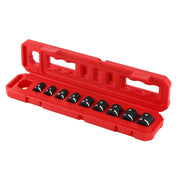 A set of black socket wrenches with white size markings, organized in a red plastic carrying case with numbered slots.