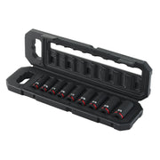 A black plastic carrying case containing nine Craftsman deep socket wrench pieces arranged in a row, with size markings visible on the sockets. The lid of the case is open, revealing the interior design and slots for the sockets.