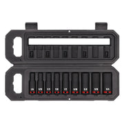A black plastic tool case containing a set of deep impact sockets in various sizes, arranged neatly in two rows. The sizes are clearly marked on the sockets with white lettering and red accents. The case is open, showing the entire set.