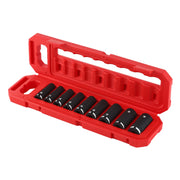 A red plastic case containing a set of black metric impact sockets, each socket clearly labeled with its size number. The case is open and organized, showing nine sockets arranged neatly.
