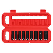 A set of black metric deep impact sockets organized in a red plastic carrying case, showing sizes 10 to 19. The case is open and displays two rows: one with sockets and one with empty slots.