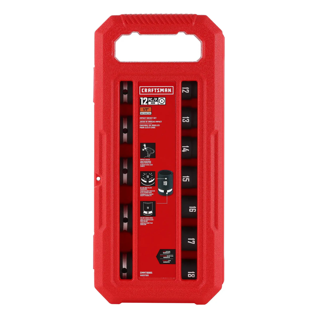 A red plastic carrying case for a CRAFTSMAN 12-piece 1/2-inch impact socket set. The case displays sockets organized in two vertical rows, with socket sizes printed on each. The label in the center lists features and specifications for the set.