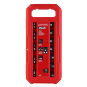 A red plastic carrying case for a CRAFTSMAN 12-piece 1/2-inch impact socket set. The case displays sockets organized in two vertical rows, with socket sizes printed on each. The label in the center lists features and specifications for the set.