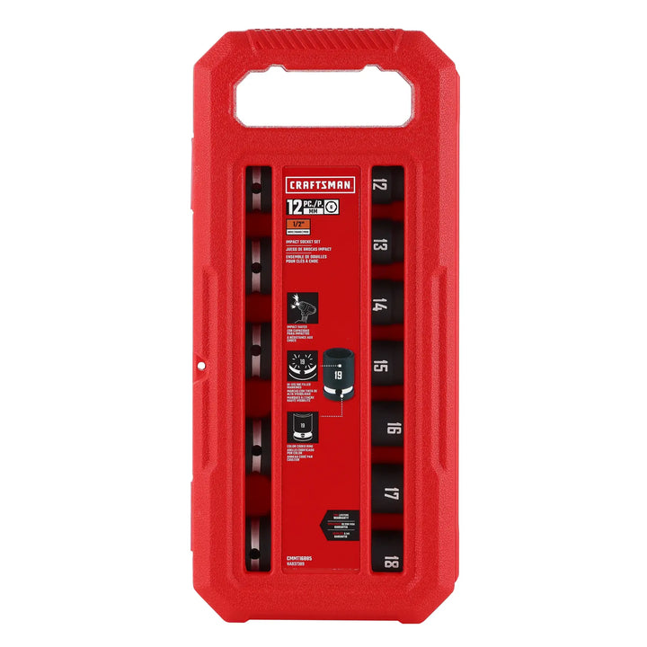 A red plastic carrying case for a CRAFTSMAN 12-piece 1/2-inch impact socket set. The case displays sockets organized in two vertical rows, with socket sizes printed on each. The label in the center lists features and specifications for the set.