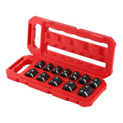 A set of black socket wrenches in various sizes, neatly arranged in a red plastic carrying case with an open lid.