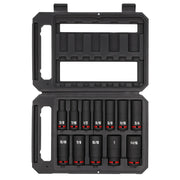 A black hard plastic case containing a set of twelve deep socket wrenches in various sizes, arranged neatly in rows. The sockets are labeled with their respective sizes in white text, and each socket has a red ring near the base.