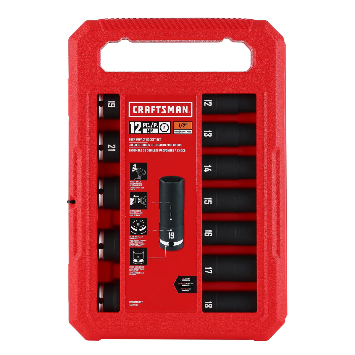 A red plastic case containing a 12-piece Craftsman deep impact socket set, with individual sockets labeled with their metric sizes and organized in two rows. The packaging displays product information and diagrams, and the set is intended for 1/2-inch drive tools.