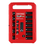 A red plastic case containing a 12-piece Craftsman deep impact socket set, with individual sockets labeled with their metric sizes and organized in two rows. The packaging displays product information and diagrams, and the set is intended for 1/2-inch drive tools.