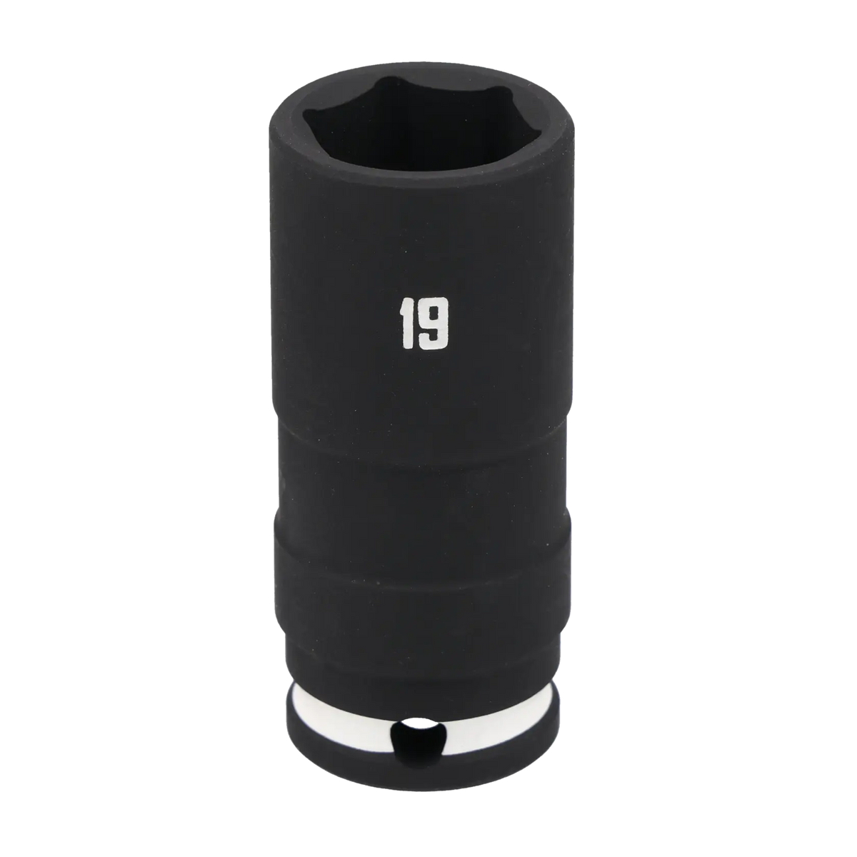 A close-up image of a black Craftsman 19 mm impact socket, standing upright with a white '19' marking visible on its side.