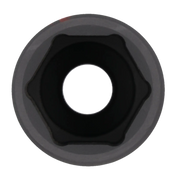 Close-up view of a hex socket, showing the inner opening and six-sided shape typical of a tool used for fastening bolts or nuts.