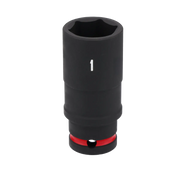 A black Craftsman 1-inch impact socket with a red ring near the base, photographed against a white background.