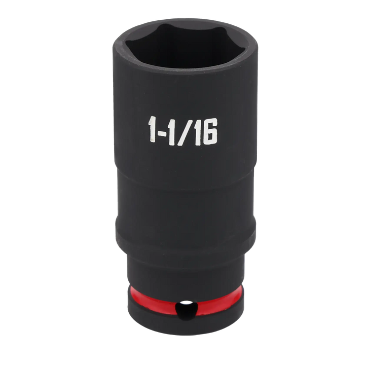 A close-up image of a black CRAFTSMAN deep socket with the size marking '1-1/16' in white text. The socket features a red ring near the bottom and is designed for use with a ratchet or other driving tool.