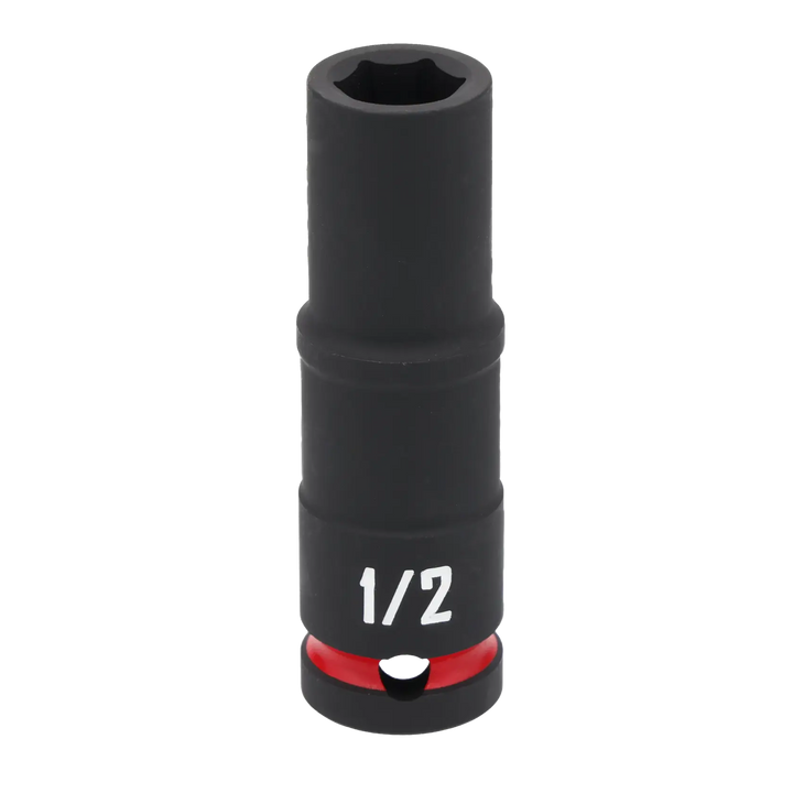 A black Craftsman deep socket tool with a 1/2-inch size marking in white lettering and a red ring near the base.