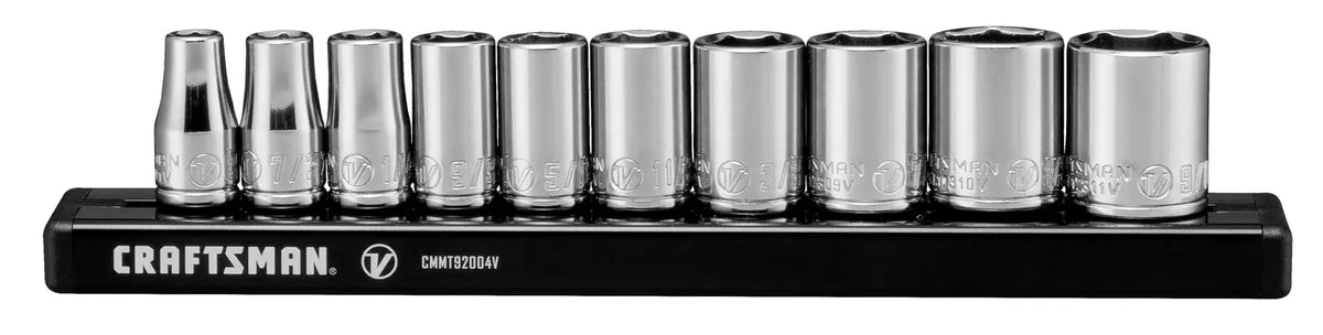 Front angle photo of Craftsman socket set on black rail, SKU CMMT17300V, ten chrome sockets displayed.