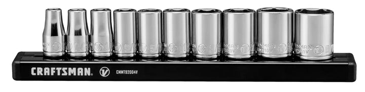 Front angle photo of Craftsman socket set on black rail, SKU CMMT17300V, ten chrome sockets displayed.