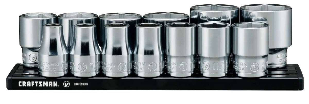 Photo of Craftsman socket set on black tray, chrome finish, front angle, SKU CMMT17380V.