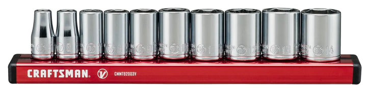 Photo of Craftsman socket set with chrome sockets on a red rail, model CMMT17500V, front angle, white background.