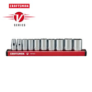 Craftsman socket set CMMT17500V with nine chrome sockets on red holder, front angle, V series branding.