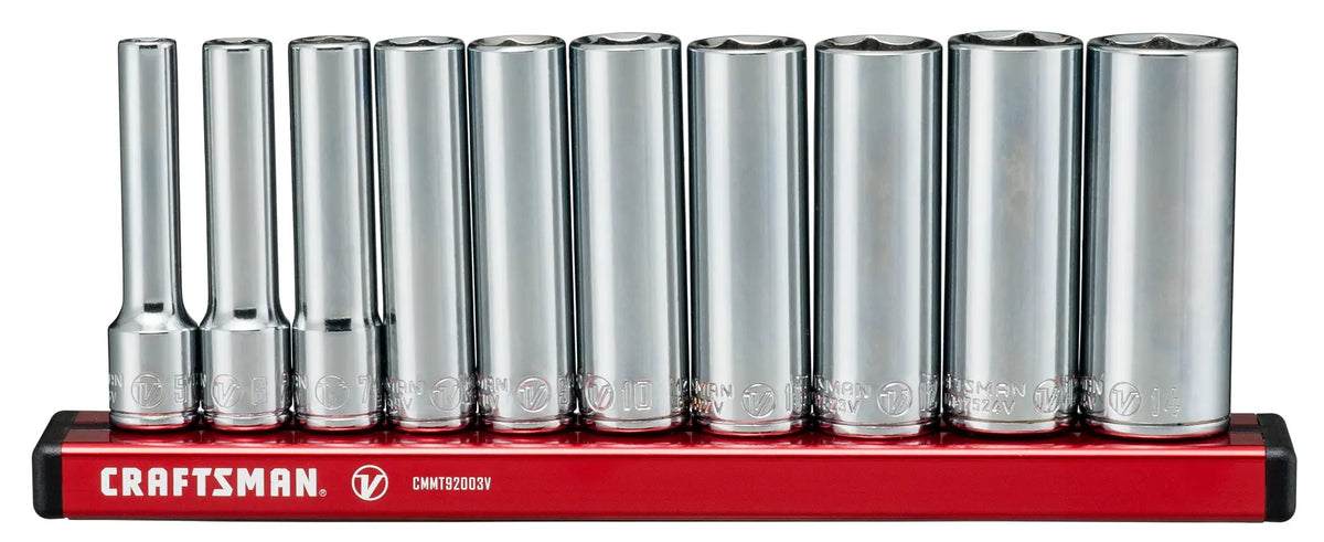 Photo of Craftsman chrome socket set on red holder, front angle, SKU CMMT17515V, tool accessory.