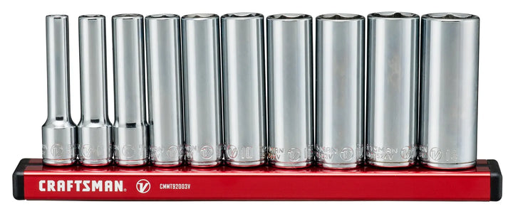 Photo of Craftsman chrome socket set on red holder, front angle, SKU CMMT17515V, tool accessory.