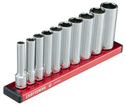 Photo of Craftsman deep socket set on red tray, model CMMT17515V, front angle, chrome finish.