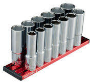 Photo of Craftsman CMMT17595V chrome socket set on red organizer, angled on white background.